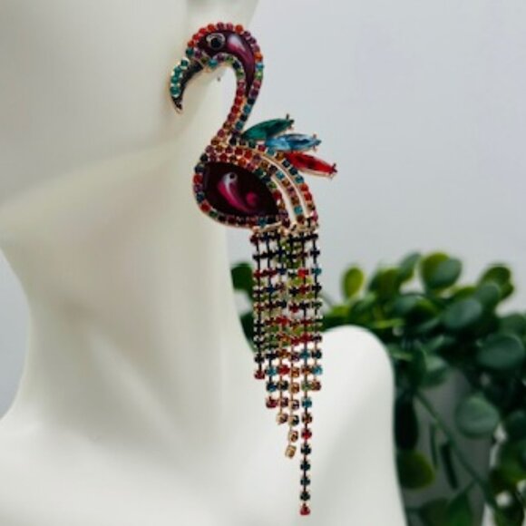 Rachel Parcell Festive Rhinestone Pink Flamingo Pierced Earrings, NWT - Picture 4 of 4